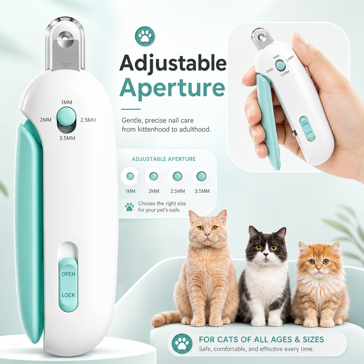 Adjustable Cat Nail Clipper with Safety Trimming Guide & Hidden Nail File