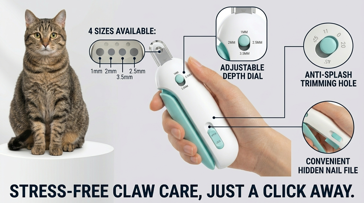 Cat nail clipper with four size guide, adjustable depth dial, anti-splash trimming hole, and hidden nail file
