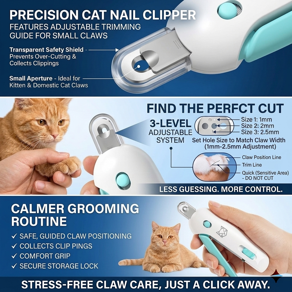 Precision cat nail clipper with adjustable trimming guide